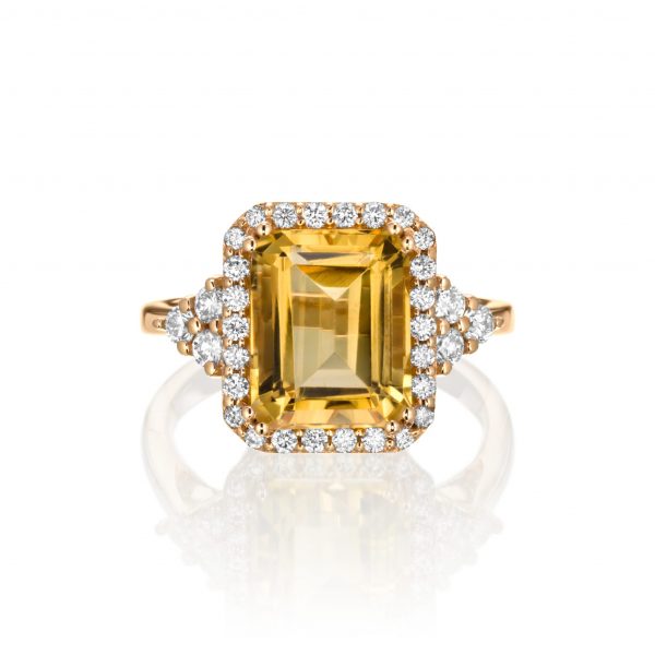 טבעת אבן חן ציטרין בשילוב יהלומים, רוז גולד